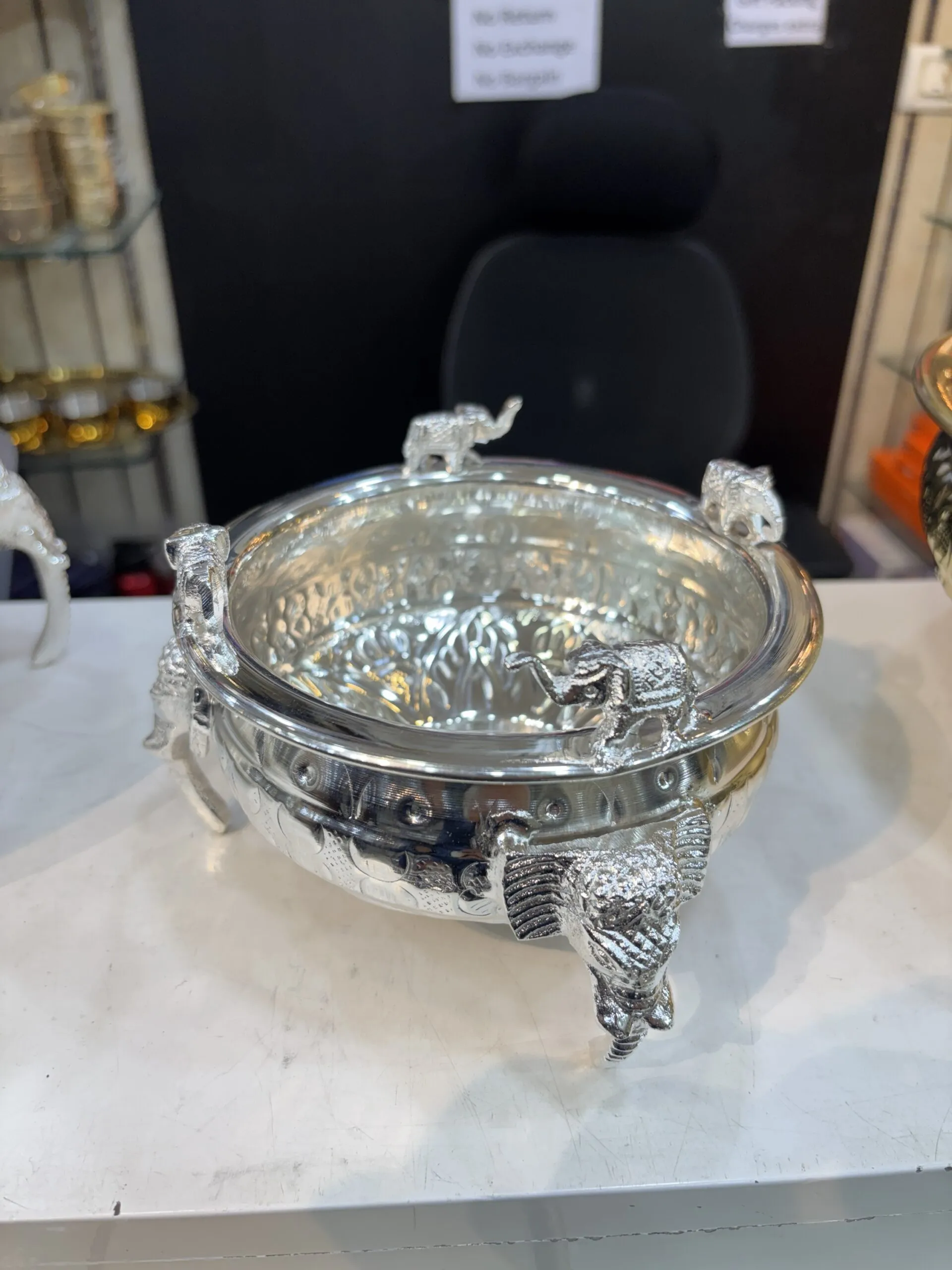 Silver coated Brass Urli with Handwork for decoration Small, 15 cm