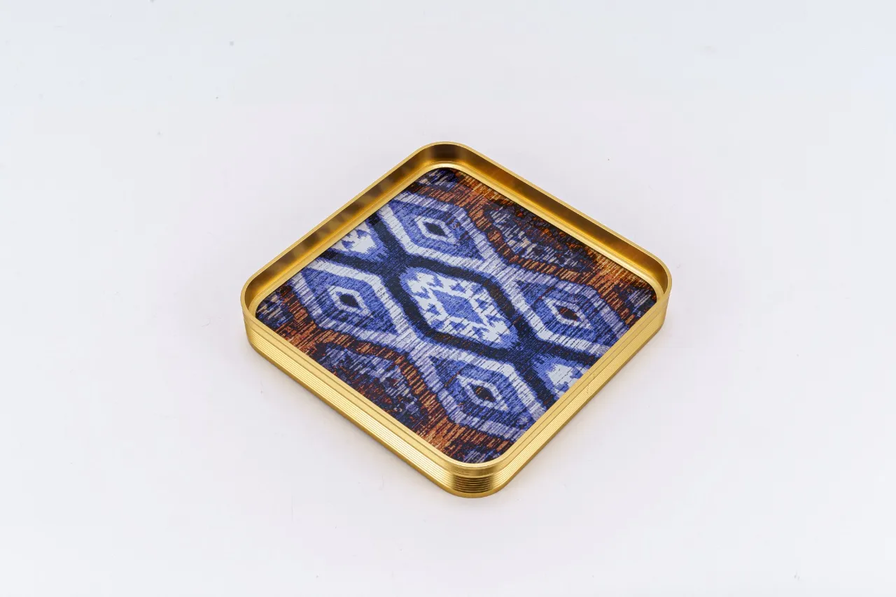 Metallic tray square with temper glass, gold plated 9 inches, blue