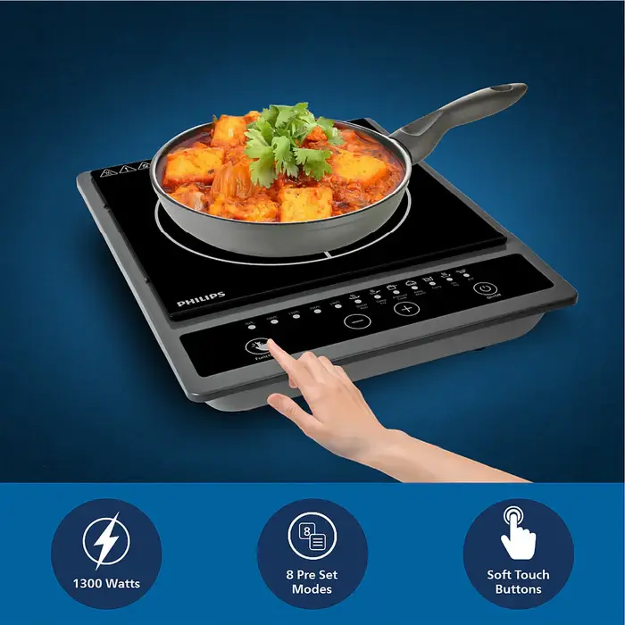 Philips 1300W Induction Cooktop with Triple MOV for 4kW surge protection and soft touch control - HD4934/00