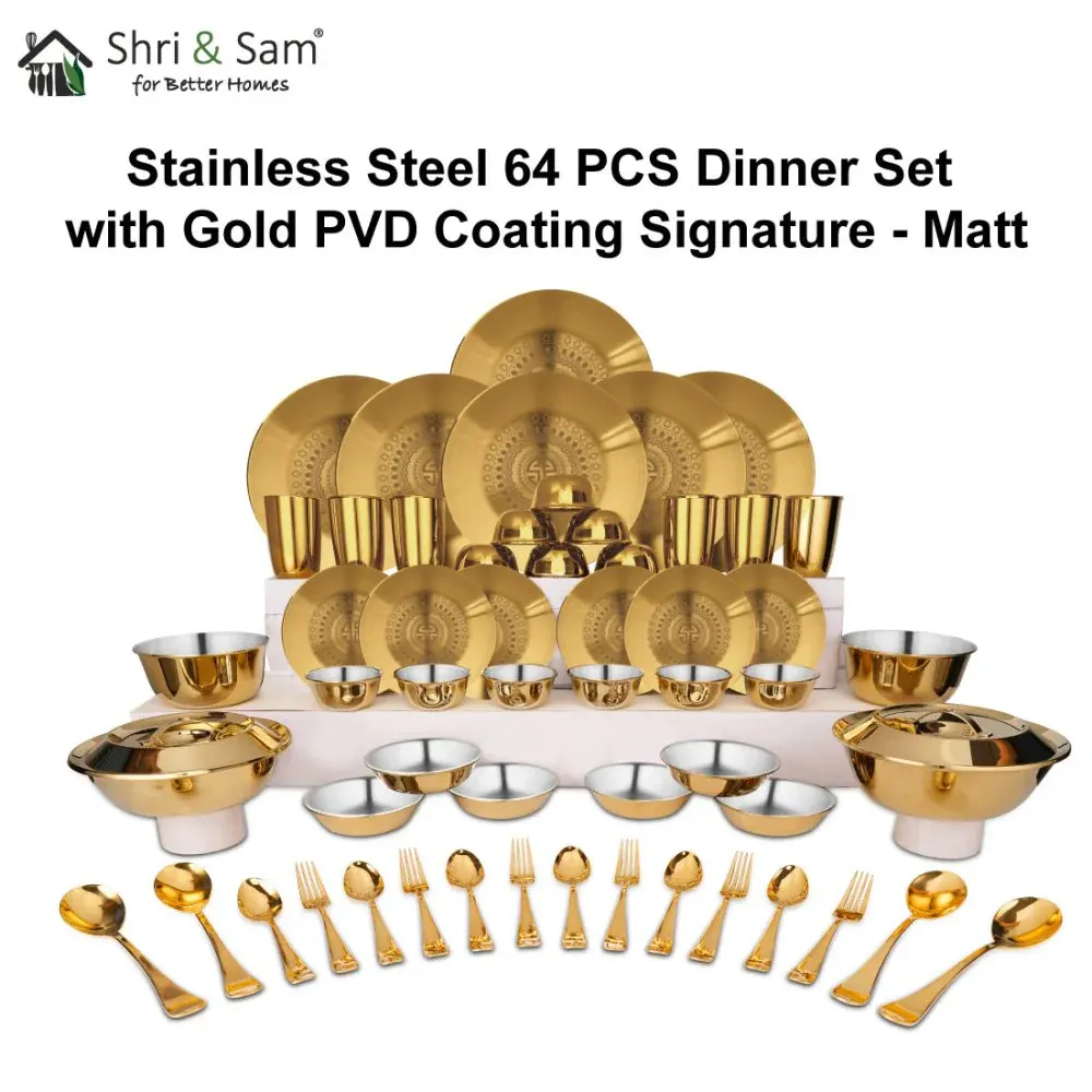 Shri and Sam SS Dinner set with Gold PVD Coating in briefcase packing