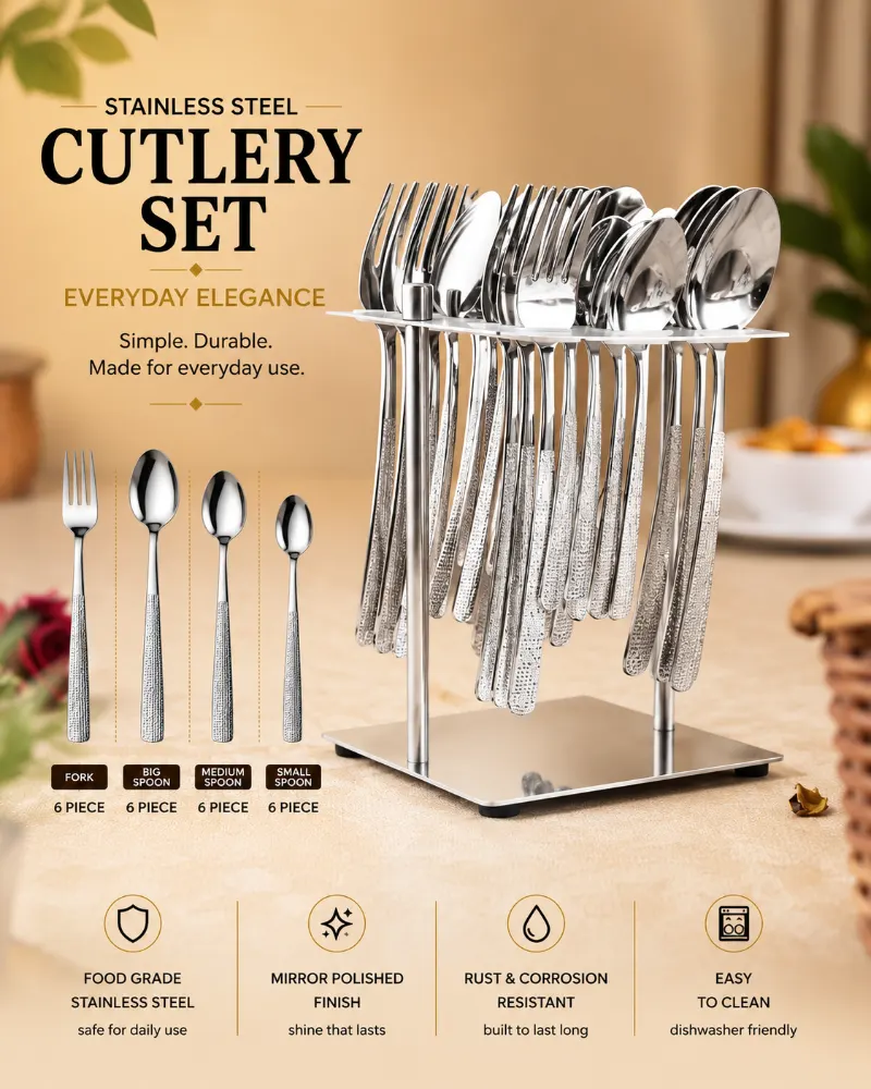 Fns Embossed Metallic Stainless Steel Cutlery Set with Stand 24 pieces 