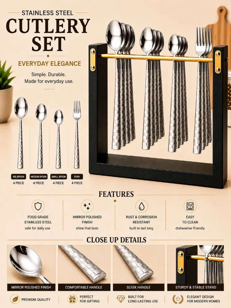 Wooden Stainless Steel Silver With Checkered Cutlery set Copy