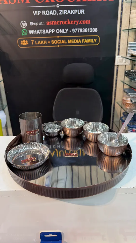 Majupuria Stainless Steel thali set with antique pvd coating, ribbed