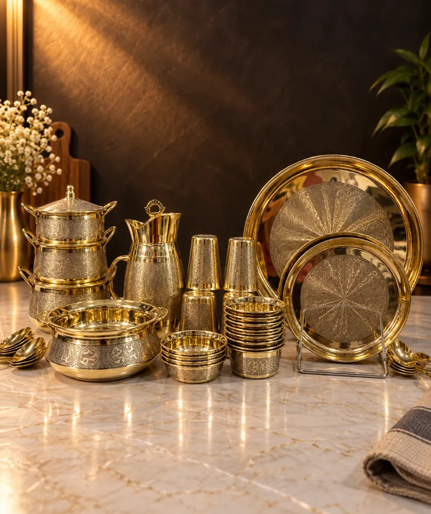 Ambika Brass Dinner set with wooden box packing 