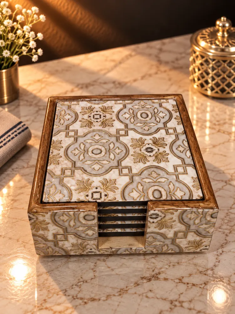 Wooden Coasters Beige Geometric 