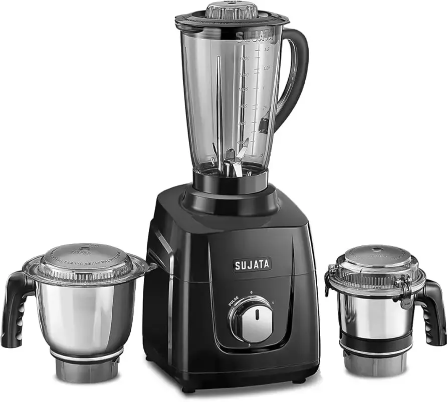Sujata MG01 Mixer Grinder 1000Watts | Double Ball Bearing Motor|24000 RPM| Non-Stop 90 Mins Running|3 Jars including 1750ml Blender, 1000ml Grinder, 500ml Chutney Jar| (Black)