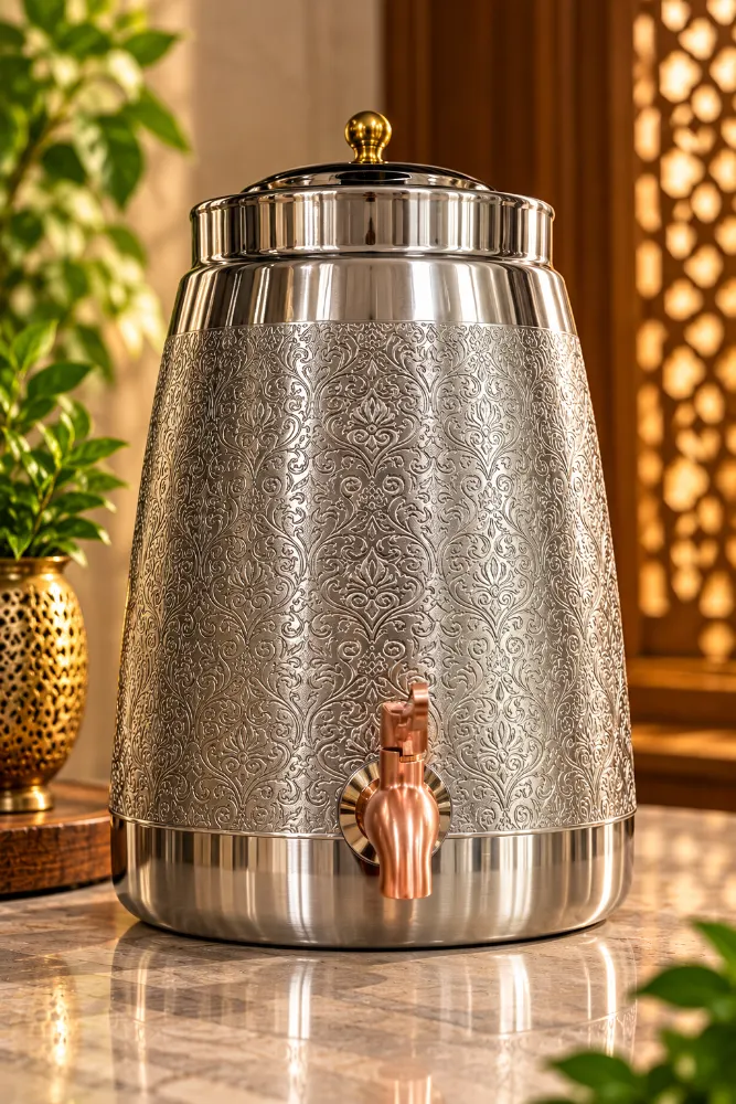 Copper matka with  tap, silver engraved design