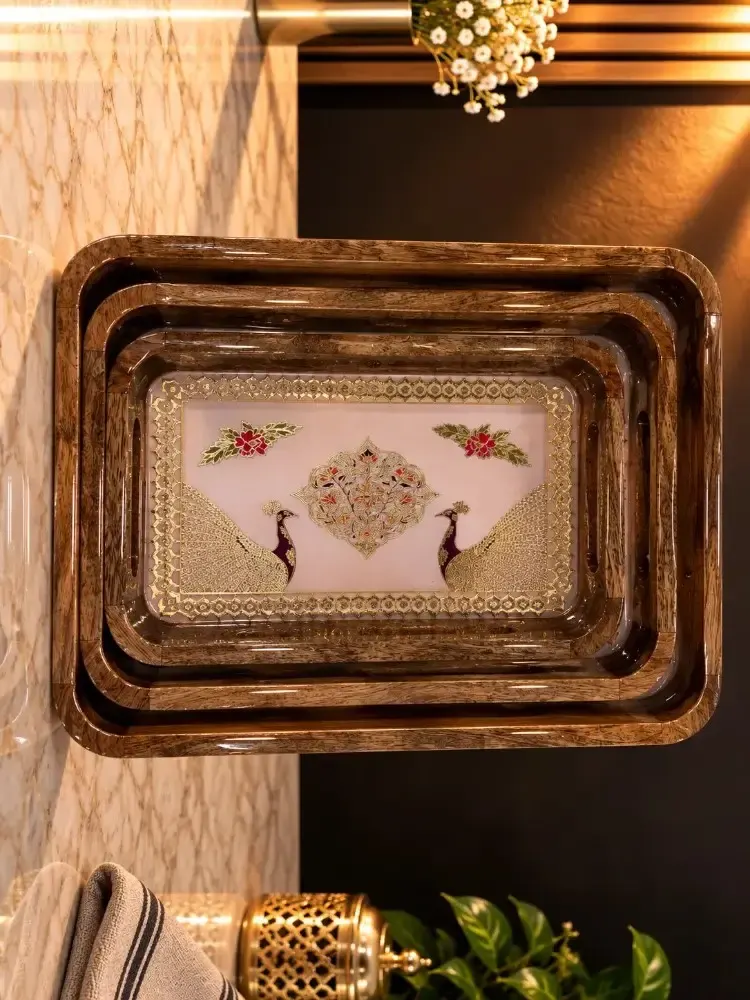 Wooden Tray set of 3 Pink Double Peacocks Code 1 