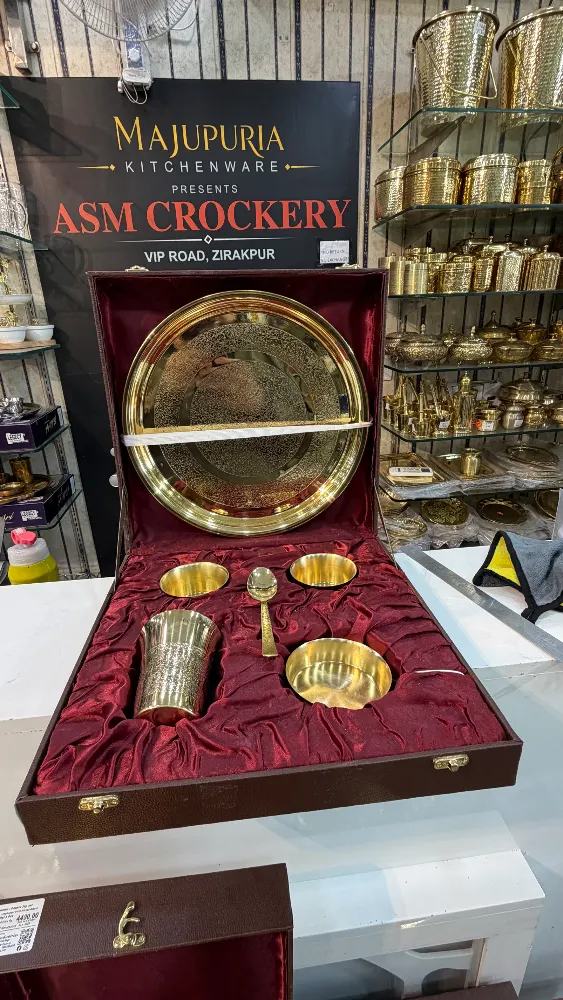 Brass thali set with leather gift box packing