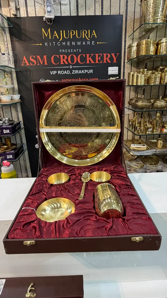 Brass thali set with leather gift box packing new