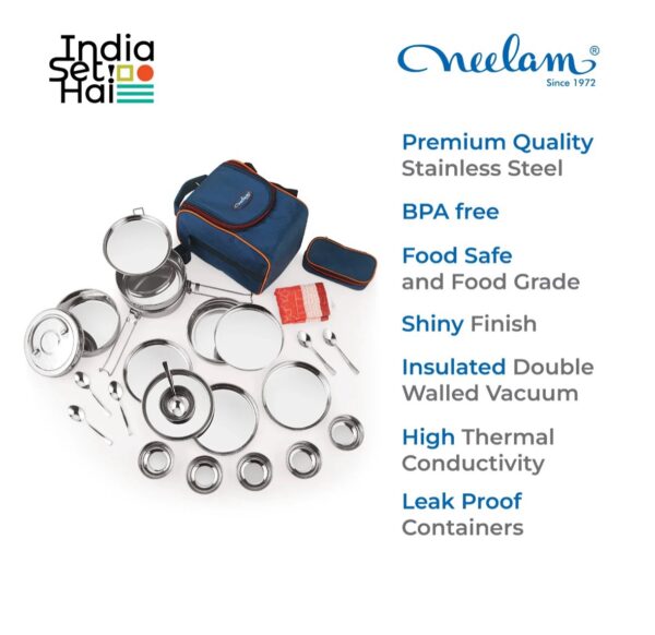 Travelling tiffin set stainless set 25 pieces tiffin set cum picnic set Large size - Image 5