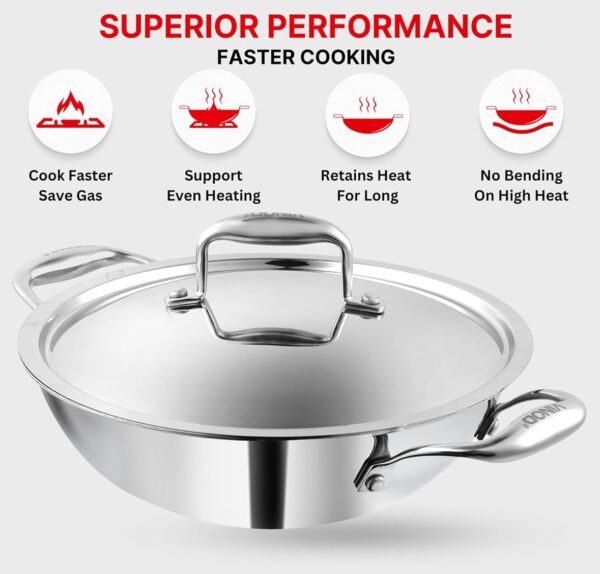 Vinod Platinum Triply Stainless Steel Kadai with Stainless Steel Lid Stainless Steel Kadhai with Lid - (Induction and Gas Stove Friendly) - Image 4