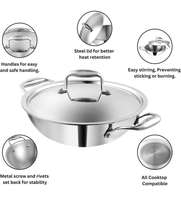 Vinod Platinum Triply Stainless Steel Kadai with Stainless Steel Lid Stainless Steel Kadhai with Lid - (Induction and Gas Stove Friendly) - Image 3