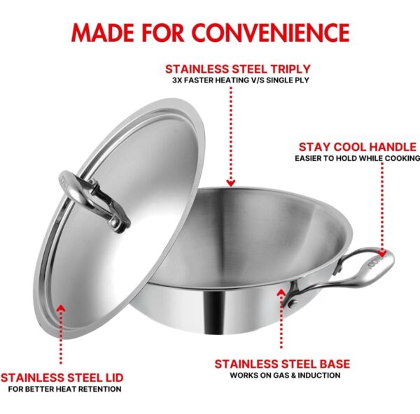 Vinod Platinum Triply Stainless Steel Kadai with Stainless Steel Lid Stainless Steel Kadhai with Lid - (Induction and Gas Stove Friendly) - Image 2