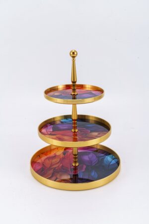 Gold plated cake stand 3 layers, Voilet feather design
