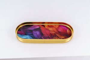 Oval Gold plated metallic tray with tempered glass base, Voilet Feathers,14 inch by 6 inch