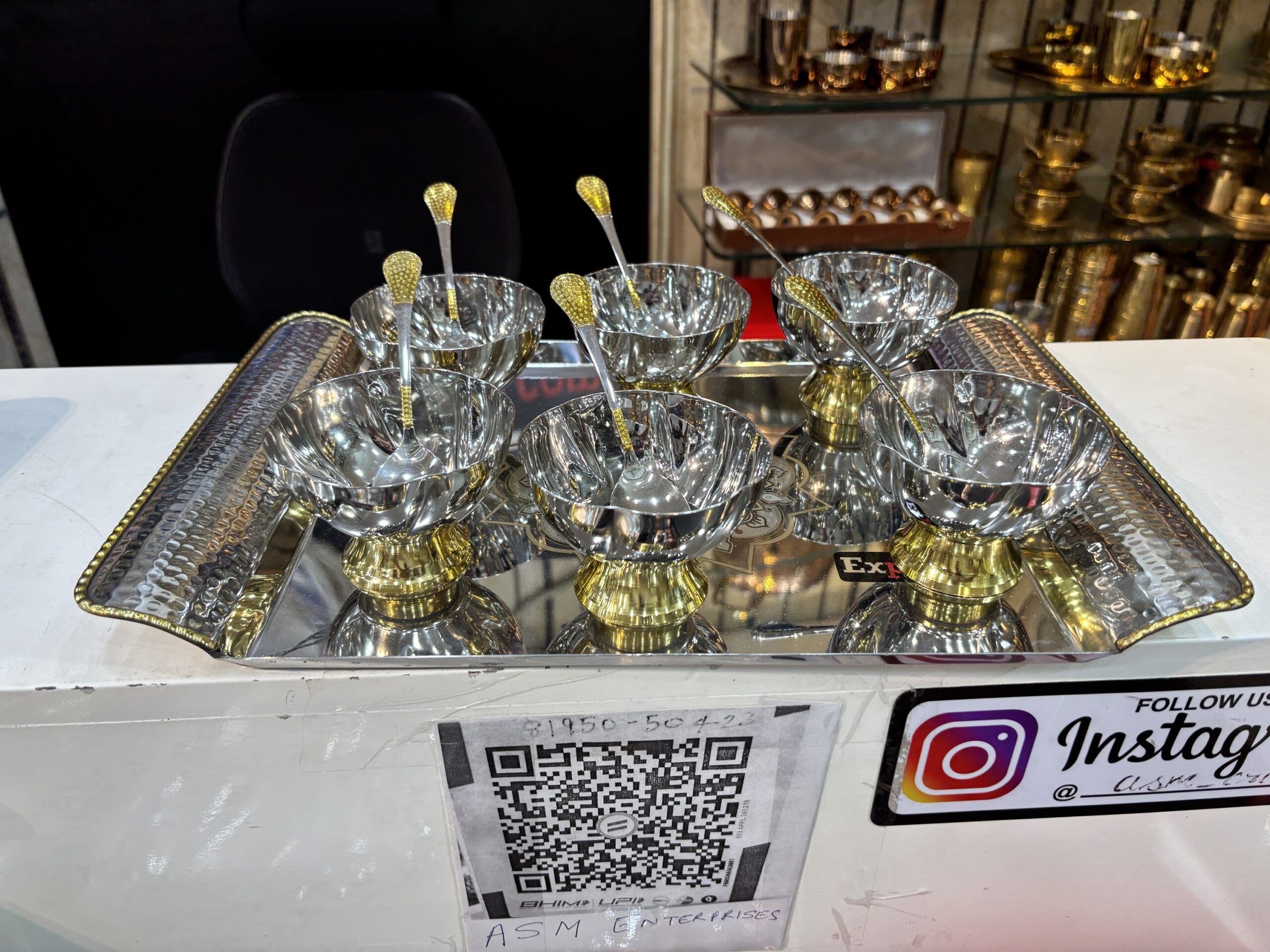 Expo Steel plus Brass Ice cream set 13 pieces, Flower Design