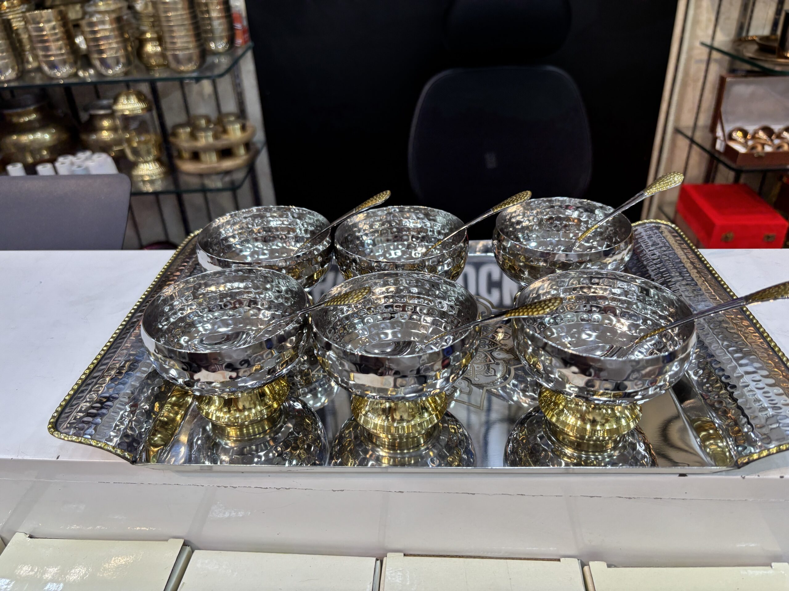 Expo Steel plus Brass Ice cream set 13 pieces, Hammered Design