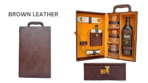 Leather bar set 3 glasses, brown
