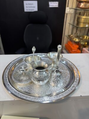 Pooja thali with silver coating in velvet box