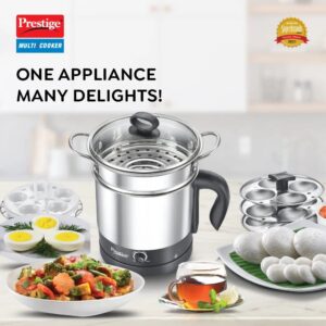 Prestige PMC 3.0 Plus 600 Watt 1.5 Litre Multi Cooker | Idli Stand with 3 Plates | Egg Boiling Rack with Stand | Steamer | Silver & Black