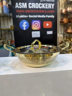 Lily Brass, Pital Kadhai with Pital lid and etching design