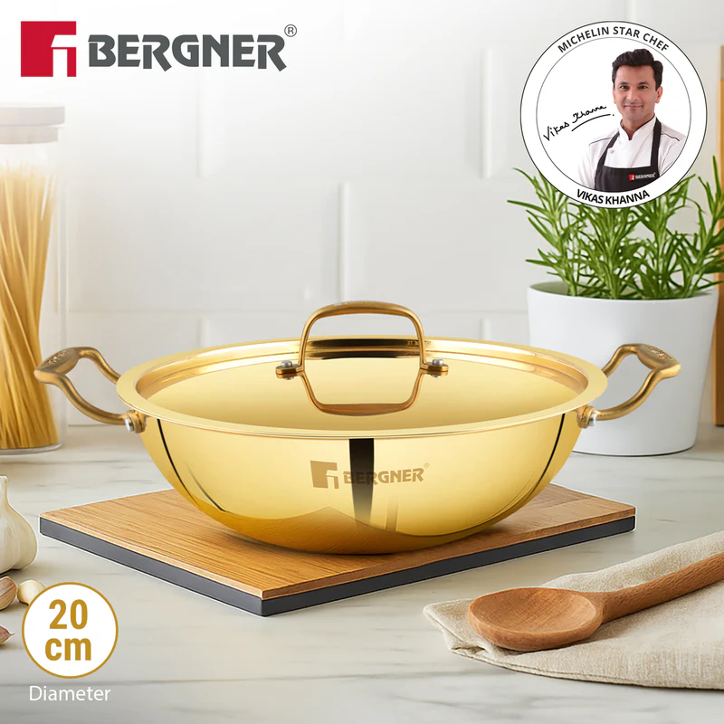 Bergner Peetlam 20cm / 1.5L Kadai with Lid, Tin (Kalai) Coated Kadhai, Brass - Image 3