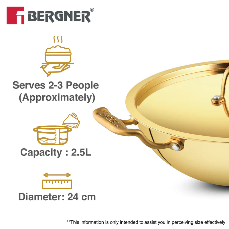Bergner Peetlam 24cm / 2.5L Kadai with Lid, Tin (Kalai) Coated Kadhai, Brass - Image 4