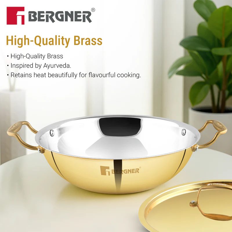 Bergner Peetlam 20cm / 1.5L Kadai with Lid, Tin (Kalai) Coated Kadhai, Brass - Image 7