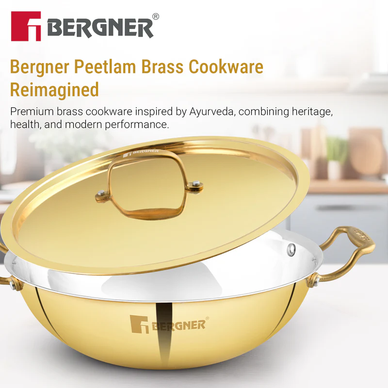 Bergner Peetlam 20cm / 1.5L Kadai with Lid, Tin (Kalai) Coated Kadhai, Brass - Image 8