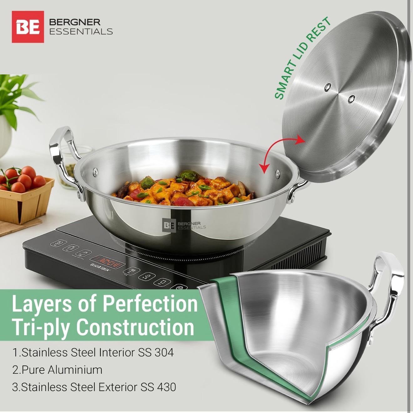 Bergner Tripro 3 Pcs Triply Cookware Set of 3L Outer Lid Pressure Cooker and 24cm (3L) Kadai with Lid, Less Oil Use, Healthy Cooking, Even and Faster Heating, Triply Set, Induction and Gas Stove Ready - Image 3