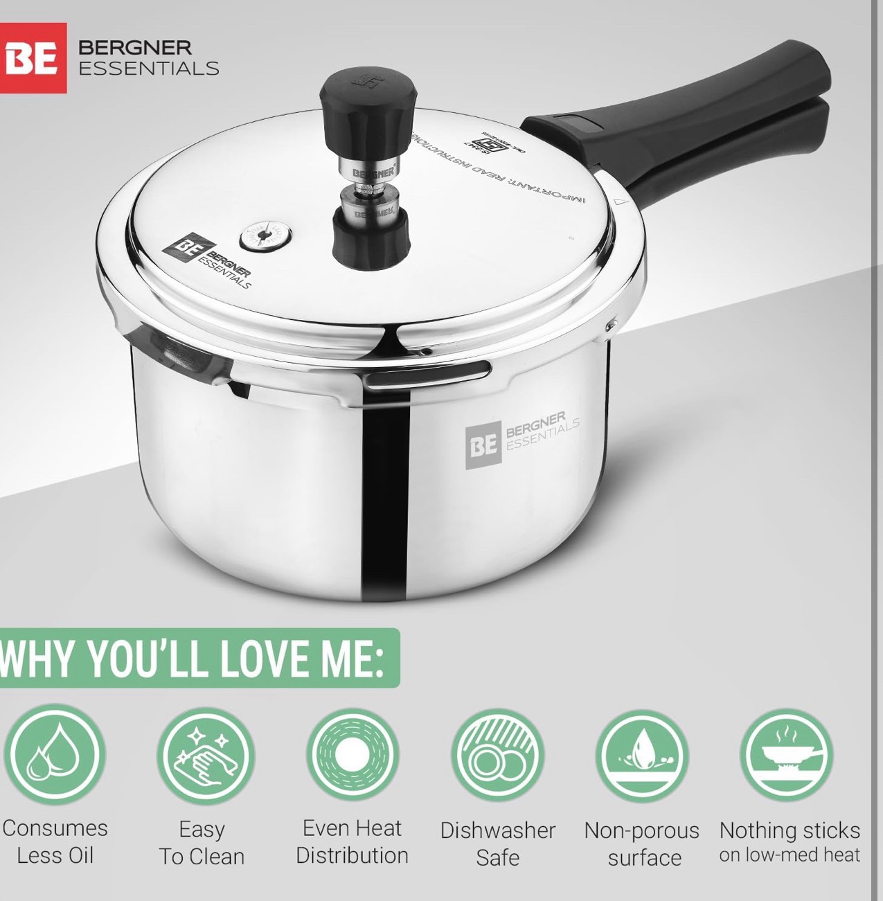 Bergner Tripro 3 Pcs Triply Cookware Set of 3L Outer Lid Pressure Cooker and 24cm (3L) Kadai with Lid, Less Oil Use, Healthy Cooking, Even and Faster Heating, Triply Set, Induction and Gas Stove Ready - Image 4